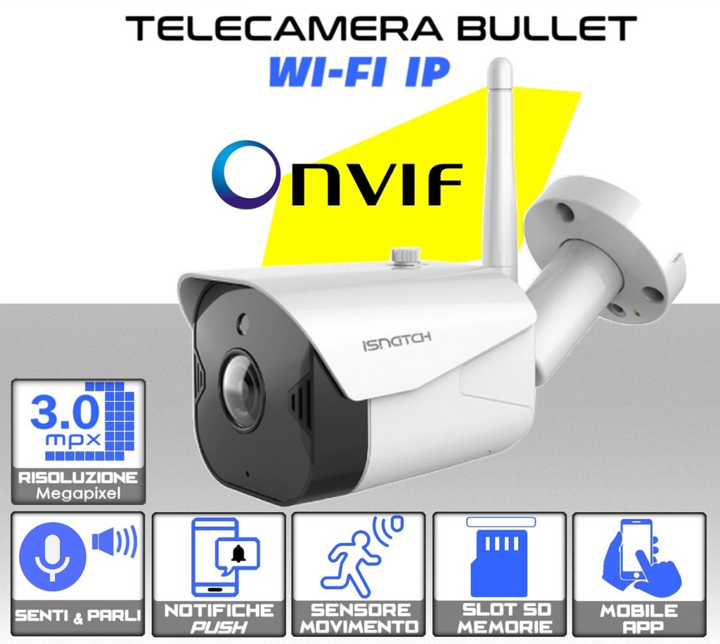 Telecamera WiFi onvif da 3.0MPX lente 3.6 mm IP65 con Microfono incorporato